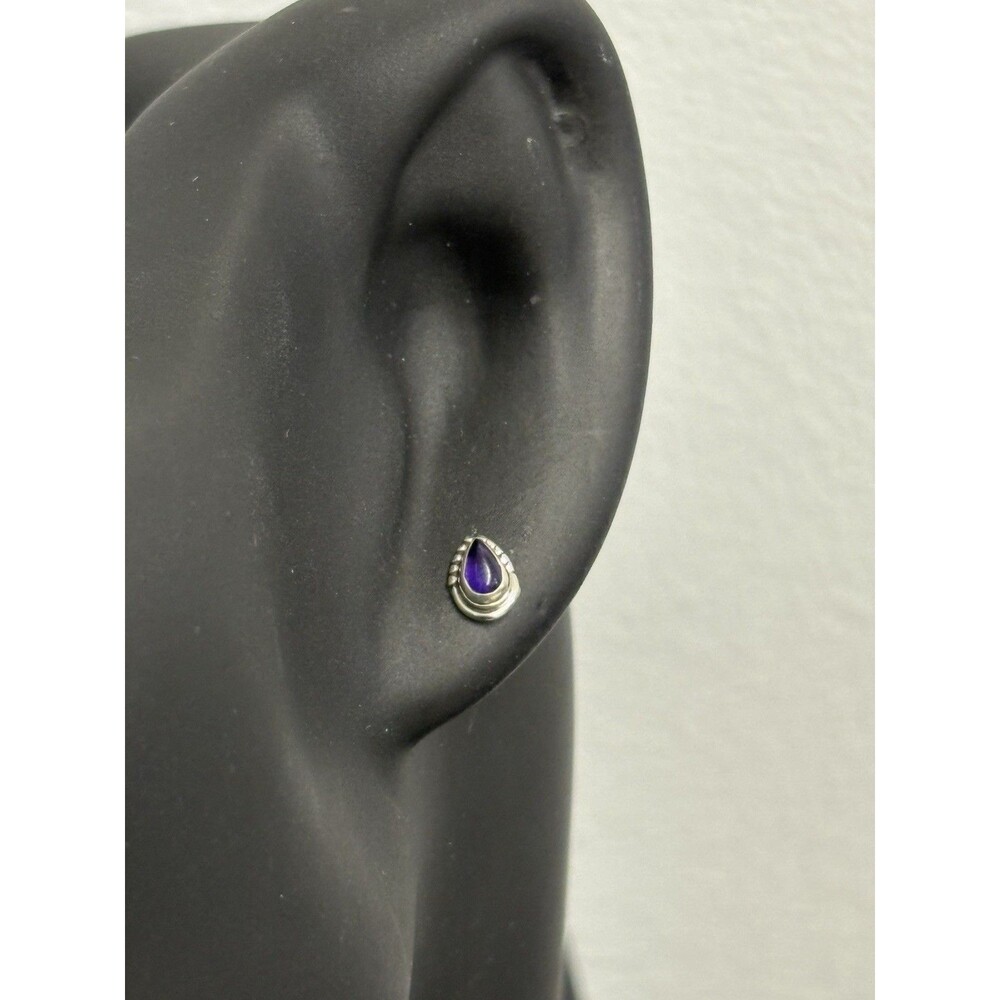 Petite 925 Solid Sterling Silver Genuine Amethyst Bezel Set Post Earrings - Picture 4 of 12